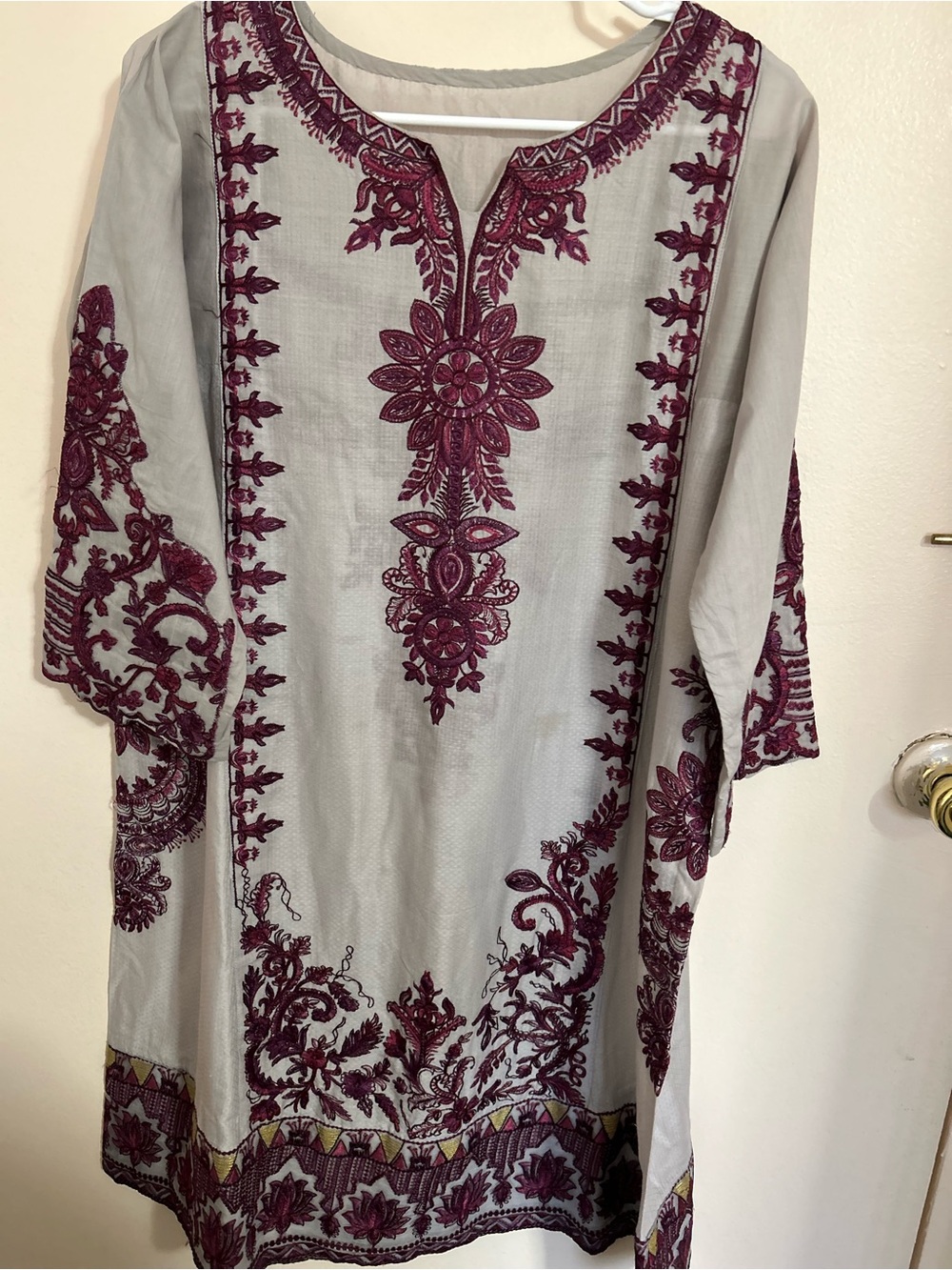 Embroidered Tunic Dress in Light Gray and Deep Burgundy